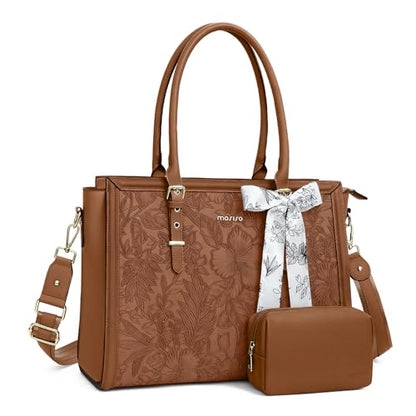 MOSISO Laptop Bag for Women, 15.6-16 inch PU Leather Tote Bag | Compatible with MacBook, HP,Dell,Asus, Front Embossed Retro Hibiscus Computer Bags with Silk Scarf&Clutch Purse, Brown - color: Brown, size: 16 inch