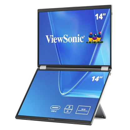 ViewSonic VG1457 Dual Screen 14 Inch 1200p Portable Monitor, Foldable IPS | Laptop Extender, USB C, 65W Power Delivery, G Sensor Rotation, Macs, PC, Anti Glare, Travel Work, 2W Speakers, AC Adapter Kit