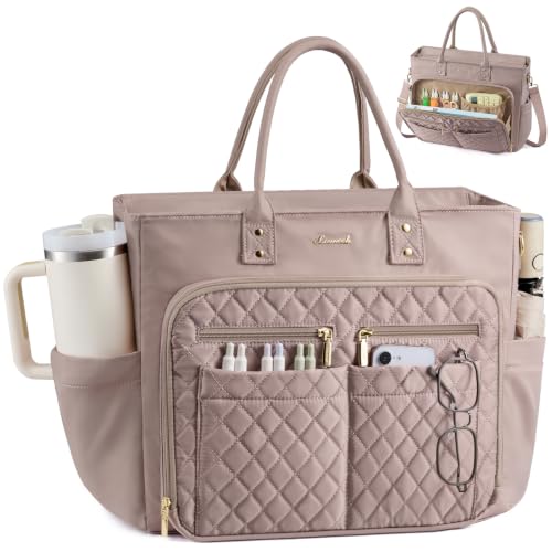 LOVEVOOK Tote Bag for Women, Teacher Nurse Work Laptop Bag, Quilted Bible Computer Shoulder Bag for Business Travel College - color: Taupe, size: 17.5 Inch