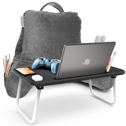 Clara Clark Reading Pillow with Portable Lap Desk Set for Kids, Back Pillow for Sitting Up in Bed, Memory Foam Back Support Pillow, Bed Rest Pillow with Foldable Laptop Desk, Small - Grey - color: Grey, size: Petite/Small