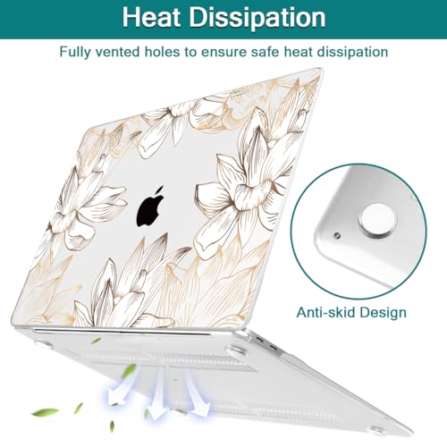 Teryeefi for MacBook Air 13 inch Case M1 2021 2020 2019 2018 Release (A2337 A2179 A1932 Retina Display with Touch ID), Plastic Hard Shell Case & Keyboard Cover & Screen Protector, W-Gold Flower Line - color: W-Gold Flower Line