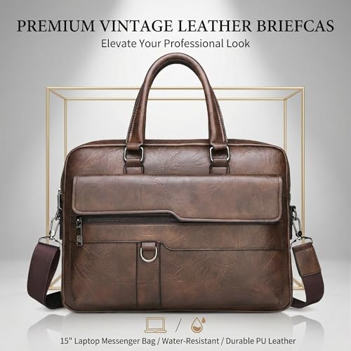 Men's Leather Laptop Bag 15 IN, Water-Resistant Briefcase Messenger Bag for Work, Business, Shoulder Crossbody Office Satchel - color: Deep Brown