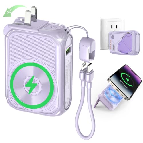 SEANCHEER P05 Portable Charger, Magnetic Power Bank, Small PowerBank, Battery Pack10000mAh Travel Essentials Fast Charging with Built in Cable, Foldable Wall Plug for iPhone,Samsung,Andriod (Purple) - color: Purple