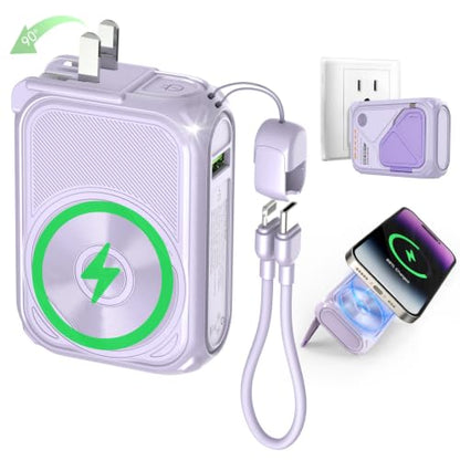 SEANCHEER P05 Portable Charger, Magnetic Power Bank, Small PowerBank, Battery Pack10000mAh Travel Essentials Fast Charging with Built in Cable, Foldable Wall Plug for iPhone,Samsung,Andriod (Purple) - color: Purple