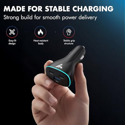 PD 95W Superfast Charging 2.0 Wozoyo Car Charger, with 2XType C & USB-A, PPS & QC 3.0, Triple Port (65W + 30W + 18W), 12V–24V Compatible, Multi-Layer Protection, 2-Years Manufacturer Warranty