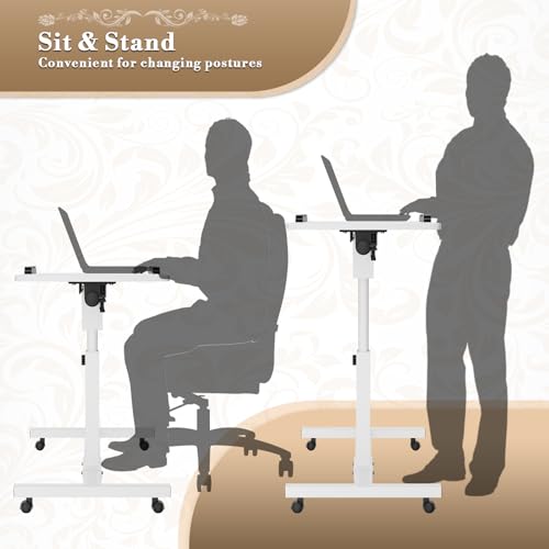Athena Collection Adjustable Standing Desk with Wheels Overbed Table, White | Height Adjustability(28.5"-39.5"), Smooth-rolling Casters, Rolling Lab Cart with Large Tabletop for Office, Hospital, Clinic - color: White, size: Split Desktop