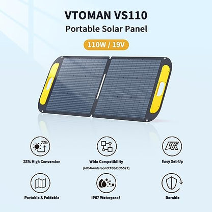 VTOMAN Jump 600X Portable Power Station with 110W Solar Panel, 600W/299Wh LiFePO4 Battery Solar Generator, 1200W AC Outlet, PD 60W USB-C, 3x Regulated 12V/10A DC for RV, Outdoor Camping, Home Backup - style: Jump 600X+110W
