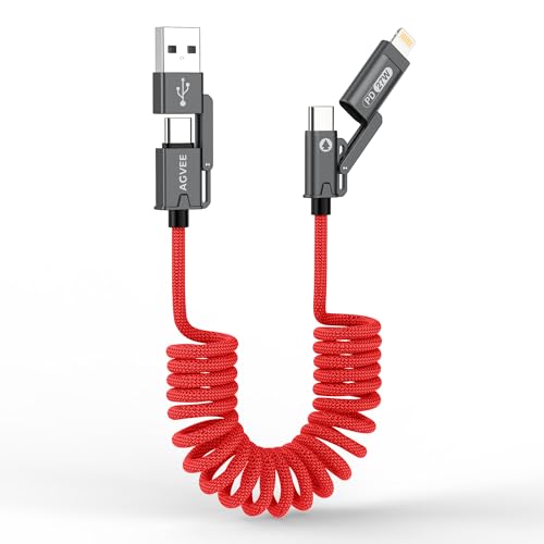 AGVEE 5ft 4-in-1 Coiled Multi Charging Charger Data Transfer Cable | Secure-Slide No-Loss Adapters, Slim Tips Fit Thick Cases, Lightning End Reinforced, PD 60W for iPhone Carplay, Android Auto - color: Red, size: 5ft, style: Braided 4 in 1