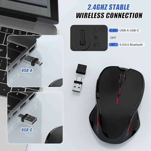 Wireless Bluetooth Mouse for Mac Pro MacBook Air, Rechargeable Mice with Jiggler Mouse, 3 Mode Switch Bluetooth 5.2/3.0 & 2.4G USB-A/USB-C Receiver, Optical Silent Mouse for iPad PC Laptop, Black - color: Bluetooth Wireless Mouse (Black)