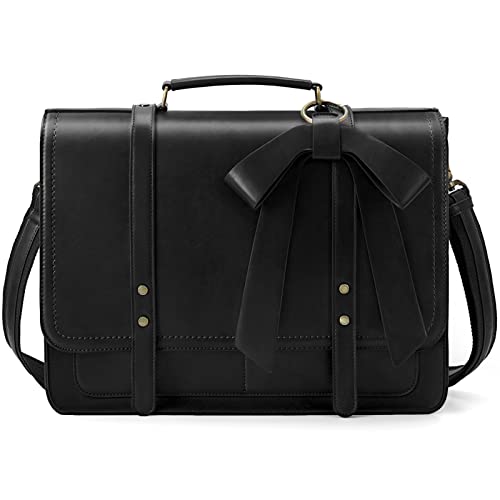 ECOSUSI Laptop Briefcase for Women Leather 15.6 inch | Large capacity shoulder bag, PU leather for college and daily work - color: Black