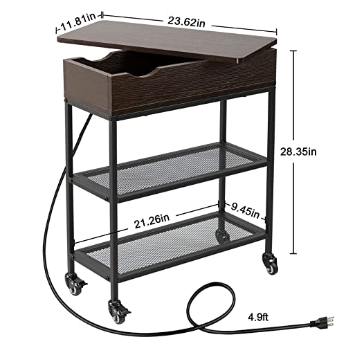 Hadulcet End Table with Charging Station & Rotating Top, Couch End Table, Rotating Swivel Top Side Table for Living Room & Bedroom, Narrow Rolling Side Table on Wheels, Skinny Nightstand, Black Walnut - color: Black Walnut