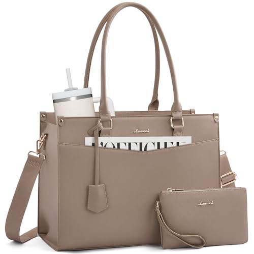 LOVEVOOK Laptop Bag for Women, 2-in-1 Tote Purse with Clutch & Cup Holder, Waterproof Briefcase for Work Travel - color: Khaki, size: 15.6 inch