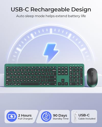 seenda Rechargeable Wireless Keyboard and Mouse Combo, Dark Green | Quiet, slim full-size keyboard with numpad, 2.4GHz USB receiver, USB-C charging, 3-level DPI mouse for Windows PCs/laptops - color: Dark Green