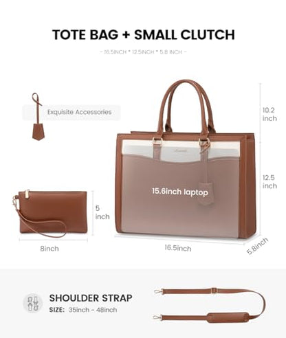 LOVEVOOK Laptop Tote Bag for Women, Leather Office Work Bag Briefcase fit for 15.6 inch Laptop, Large Teacher Computer Bag Handbag,2pcs Set Leather/Brown-White | PU Leather Business Briefcase Teacher Travel College Bag Handbag fit for 15.6 inch Laptop, Of