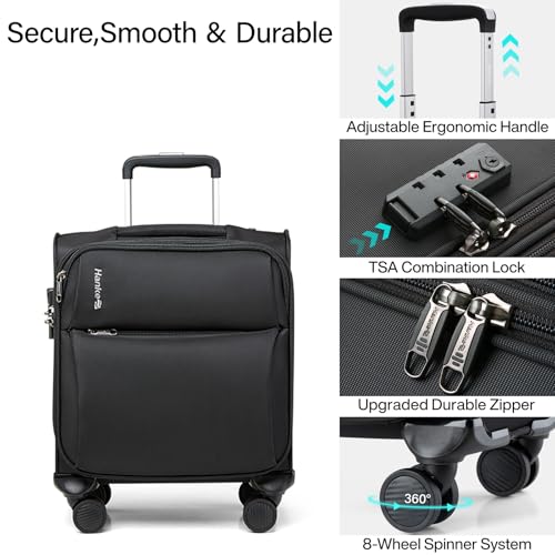 Hanke Underseat Carry On Luggage with Wheels, Spinner Small Suitcase, 16-Inch Rolling Under Seat Luggage, Softside Lightweight Carry On Bag for Airplane TSA Travel Personal Item, Black - color: Black, size: 16 Inch Underseat