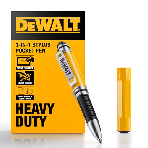 DEWALT Heavy Duty 3-in-1 Mini Stylus Pocket Pen, Tablet Pens for iPad, EDC Touch Screen Pens, Ballpoint w/Touchscreen Tip, Keypad Tip, Compatible iPhone Stylus Pen, Extra Ink Cartridge