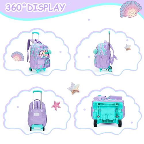 Meetbelify Mermaid Rolling Backpack for Kids - Cute Carry On with Wheels, Lunch Box & Pencil Case - Elementary Student to Teen Girls Luggage - Travel Suitcase - color: A Mermaid