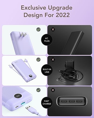 VRURC Portable Charger 20000mAh, Fast Charging Power Bank USB C,4 Output 2 Input Travel Essentials Charging Bank Equipped with LED Display,Built-in Wall Plug and Cables,Phone Charger Battery,Purple - color: Purple