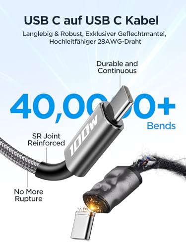 Aioneus 2 Pack 2 m USB C to USB C Cable, 100 W 5 A PD QC 4.0 Quick Charge, Compatible with MacBook Pro, iPad, Samsung, iPhone 15 - size: 6.1FT+6.1FT