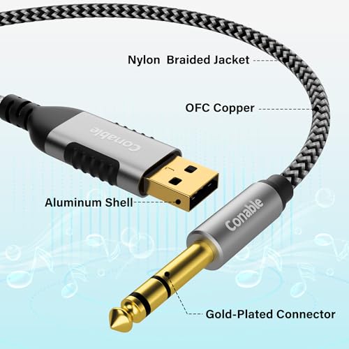 USB to 6.35mm TRS Stereo Audio Cable 4 FT, USB-A to 1/4" Audio Adapter Aux Jack Stereo Cord, Gold-Plated Connector, Nylon Braided Jacket, DAC Chip, for Laptop, Amplifier, Mixer, Home Theater, Speaker - size: 4FT