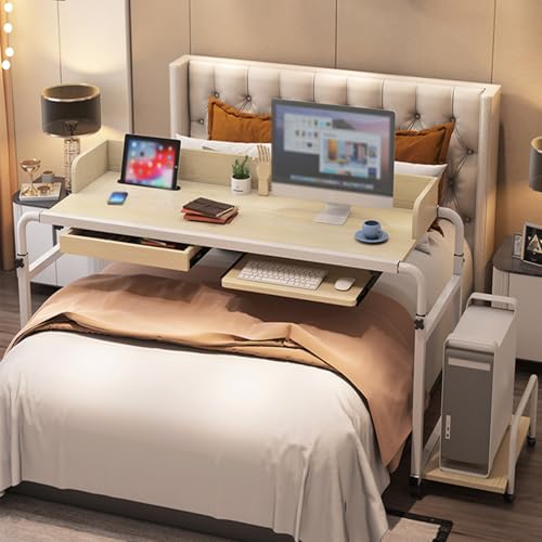 Over The Bed Table with Wheels Adjustable Height and Width with Drawer, Keyboard Tray, Console Tray for Bedroom, Living Room, Dining Room, Study Room(Brass) - color: Brass