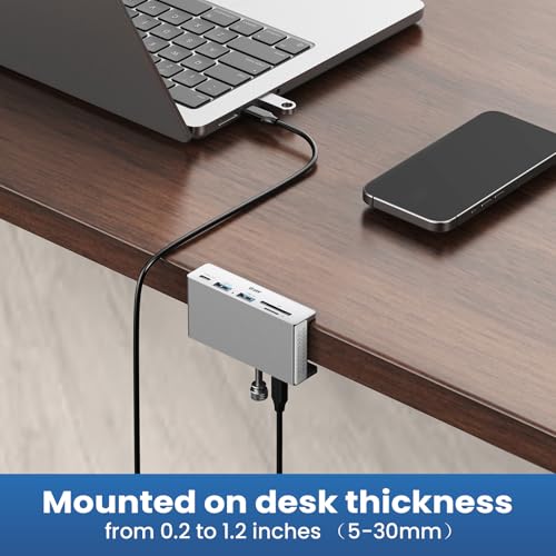 EJAY Clamp USB Hub 5-in-1 USB C Hub 59" Cable for iMac & PC | | Aluminum | Mountable Splitter | Desktop Edge Fixed Hub | Home Office Setup - color: Silver