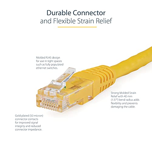 StarTech 3ft CAT6 Ethernet Cable - Yellow CAT 6 Gigabit Ethernet Wire -250Mhz 100W PoE RJ45 UTP Molded Network Patch Cord with Strain Relief (C6PATCH3YL) | 250MHz bandwidth, Gold-plated RJ45, Patch Cable, Ethernet Cord, UTP Molded Network, Strain Relief,