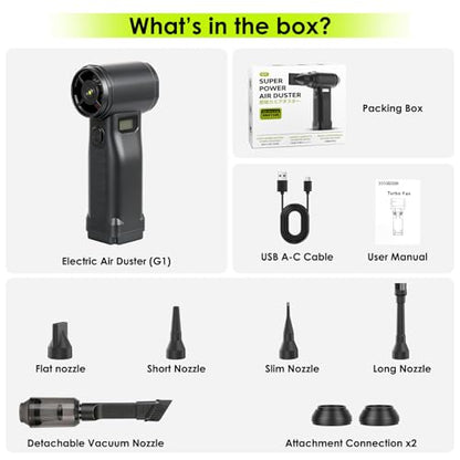 Electric Compressed Air Duster, 300,000RPM Cordless Air Blower for Dust Removal, Duster/Vacuum 2-in-1 with 10 Speeds, 20000mAh Rechargeable & 5 Nozzles Dust Blower for PC, Keyboard, Car, Outdoor