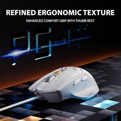INPHIC PG1 Wired Computer Gaming Mouse Ergonomic, 12800 DPI High-Precision, 6 Programmable Buttons, RGB Backlit for Gaming - White Gray - color: White
