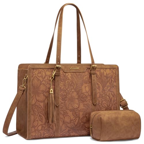 LOVEVOOK Laptop Bag for Women Vintage Leather Work Tote 17.3 inch Large Capacity Computer bag with Clutch Purse for Office, Travel, Casual - color: Retro Embossed Brown, size: 17.3 inch