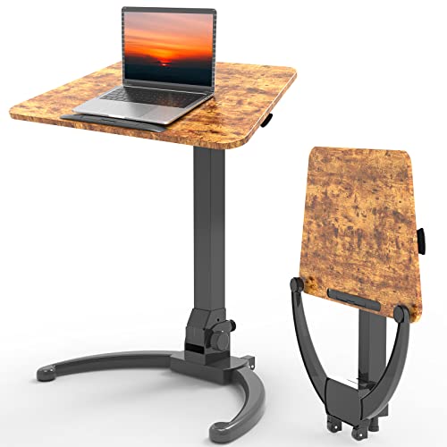 JOY worker Foldable Rolling Standing Desk, 90° Tilt Sit Stand Portable Desk | Dark Walnut MDF Desktop, Height Adjustable, Collapsible Low Base with Hidden Wheels, Non-Slip Bar, Holds 22lbs, Home Office - color: Rustic Brown, size: Height Range:29.9-44.9"