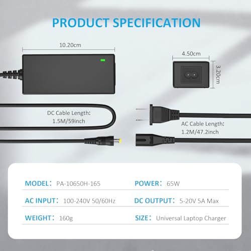65W 16Tips Universal Laptop Charger Power Supply AC Adapter for HP Lenovo Dell Asus Acer Samsung LG IBM Google Toshiba Sony Fujitsu Gateway Notebook Ultrabook Fast Chromebook Charger Cord
