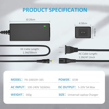 65W 16Tips Universal Laptop Charger Power Supply AC Adapter for HP Lenovo Dell Asus Acer Samsung LG IBM Google Toshiba Sony Fujitsu Gateway Notebook Ultrabook Fast Chromebook Charger Cord