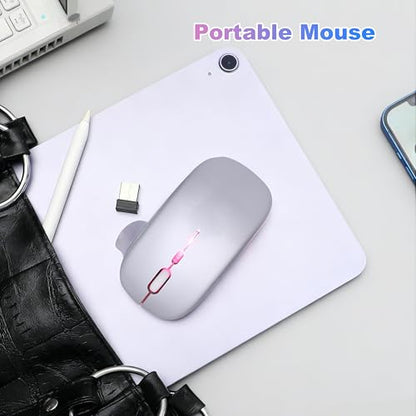 Wireless Bluetooth Mouse Rechargeable Long Lasting Dual Mode - BT 5.2 & 2.4G Silent RGB LED Mice, Slim Portable Ergonomic Mouse for Laptop/PC/Tablet/MacBook/iPad/Apple Devices (Silver) - color: Silver