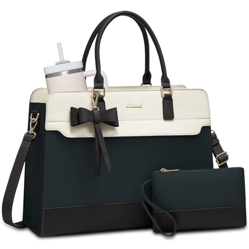 LOVEVOOK Laptop Tote Bag for Women,Leather Work Bag, Waterproof Business Teacher Bag,Large Computer Handbag Purse Briefcase,Office Gifts for Women - color: 7166# Green-white-black, size: 15.6 Inch