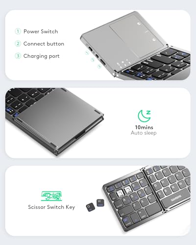 Samsers Foldable Bluetooth Keyboard with Touchpad, Ultra Slim Compact -Grey | Multi-touch Trackpad, Full Size, Phone Holder, USB-C Charging, 3 Device, for Android Windows iOS Mac OS, Mobile Productivity - color: Grey, size: 3-Device