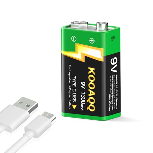 1-Pack Rechargeable 9v Batteries, USB-C Recharge 1300mAh 9 Volt Lithium-ion Long Lasting Power for SmokAlarms, Microphones, Multimeters, Walkie-Talkie, Metal Detector, Toys, with 2 in 1 Charging Cable - size: 1-Pack