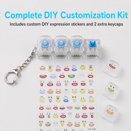 Keyboard Fidget Keychain, LED Clicker Fidget Toy, Sensory Stress Relief,2-Pack 4-Key Mechanical Switches, Crystal Rounded Keycaps, Adjustable LED Glow, DIY Stickers & Spare Keycaps Included