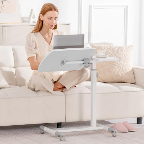 COMHOMA Overbed Bedside Table with Wheels, Tiltable Hospital Bed Table Over The Bed, Adjustable Mobile Standing Desk Rolling Laptop Desk for Hospital and Home Use, White - size: 28x16in (Tiltable)