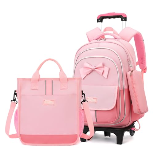 MITOWERMI Rolling Backpack for Girls 3Pcs Elementary School Bag Cute Bowknot Backpack with Wheels Girls Bookbags with Handbag Trolley Bags Kids Carry-On Luggage - color: Style c-3Pcs Pink-2 Wheels, style: 2 Wheels Trolley + Backpack Sets