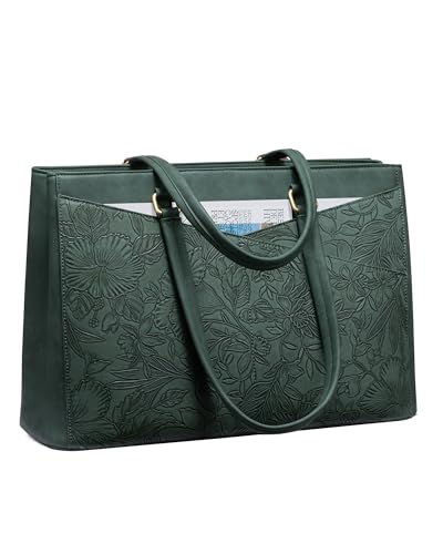 LOVEVOOK Laptop Bag for Women,15.6 Inch Laptop Tote Bag for Women,Vintage Leather Work Tote Bags Computer Teacher Bag,Waterproof Business Bag Office Briefcase - color: Dark Green Embroidery, size: 15.6 inch
