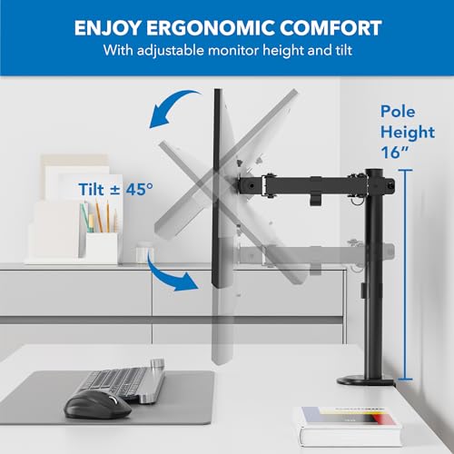 Mount-It! Single Monitor Arm Desk Stand, 19-32" Screens | Full motion height-adjustable tilt arm, VESA 75/100 compatible, C-clamp and grommet base.