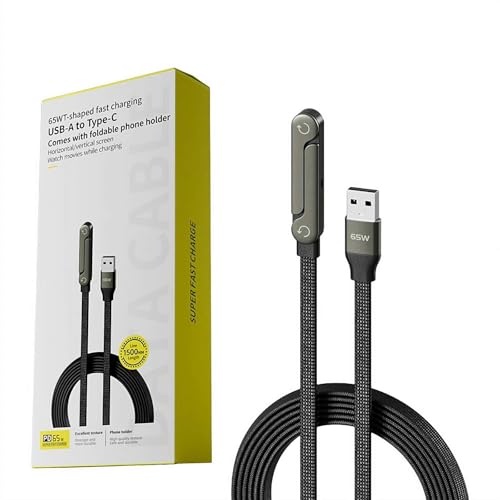 65W Braided Fast Charge Cable with Built-in Phone Stand, 2026 New Foldable Durable USB-C Cord 90 Degree USB C Cable Right Angle Multi-Functional Charger Cord, USB-A to Type-C, 4.9FT
