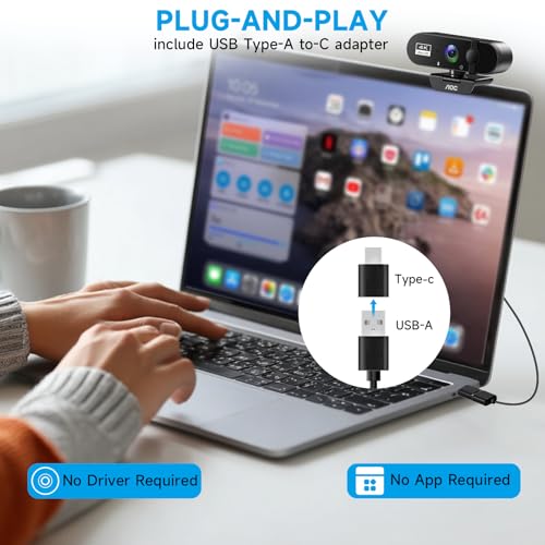 AOC 4K Webcam for PC, Streaming Computer Camera with Noise-Canceling Mic | 90° FOV, Privacy Cover, Plug & Play, Zoom/Skype/FaceTime Compatible, Works with Mac/Laptop/Switch 2, USB C-A Adapter Included - color: Black