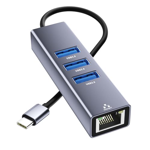 USB C to Ethernet Adapter with 3xUSB-A3.0, 4 in 1 Gigabit LAN Network Adapter, USB Ethernet Adapter for Laptop, RJ45 to USBC Cable Compatible with iPhone 15/16/17, MacBook, Dell, HP and More