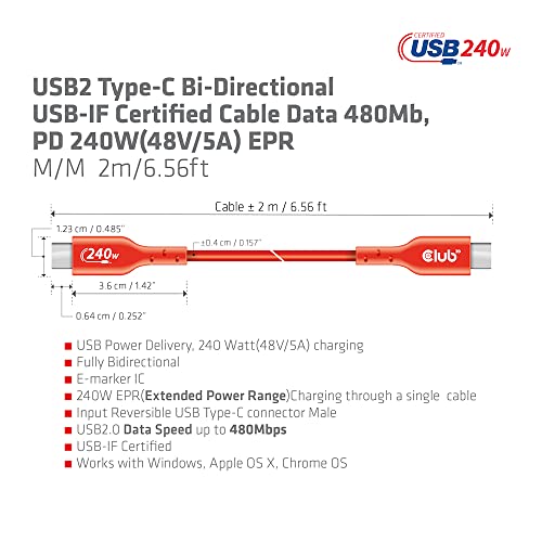 Club 3D CAC-1573 USB2 Type C to Type C Certified Bi-Directional Cable with 240W Charging, 480Mb Data Transmission EPR 2m - 6.56ft - size: 2m - 6.56ft
