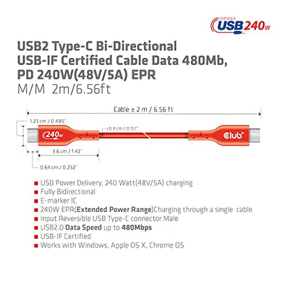 Club 3D CAC-1573 USB2 Type C to Type C Certified Bi-Directional Cable with 240W Charging, 480Mb Data Transmission EPR 2m - 6.56ft - size: 2m - 6.56ft