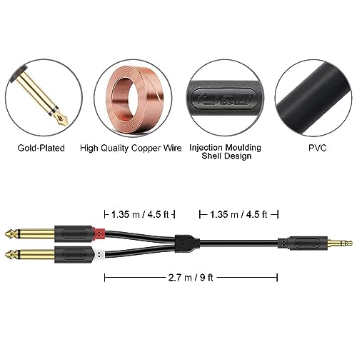 J&D 3.5mm 1/8 inch TRS Male to Dual 6.35mm 1/4 inch TS Male Mono Stereo Y-Cable Splitter with Gold Plated Audiowave Series for Amplifiers, Mixer, Audio Recorder, 9 Feet - size: 9 Feet