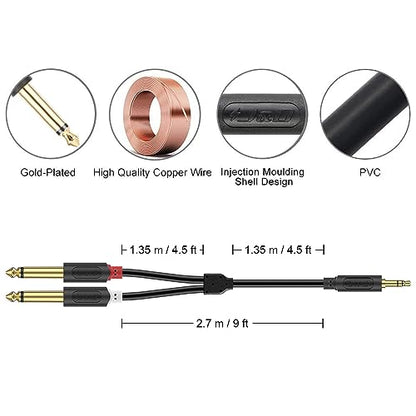 J&D 3.5mm 1/8 inch TRS Male to Dual 6.35mm 1/4 inch TS Male Mono Stereo Y-Cable Splitter with Gold Plated Audiowave Series for Amplifiers, Mixer, Audio Recorder, 9 Feet - size: 9 Feet