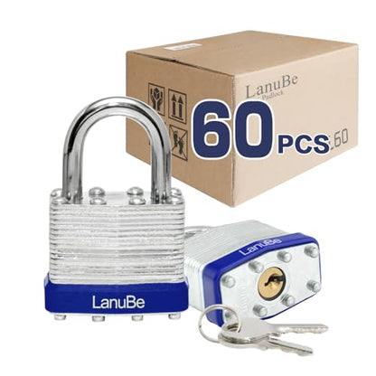 LanuBe Laminated Keyed Alike Padlock 60 Pack 1.6-in Wide Standard Shackle | Brass cylinder with keyed alike design.One key opens all locks. Blue ring, for gates, sheds,hasps ，toolboxes - size: 60 Pack Blue